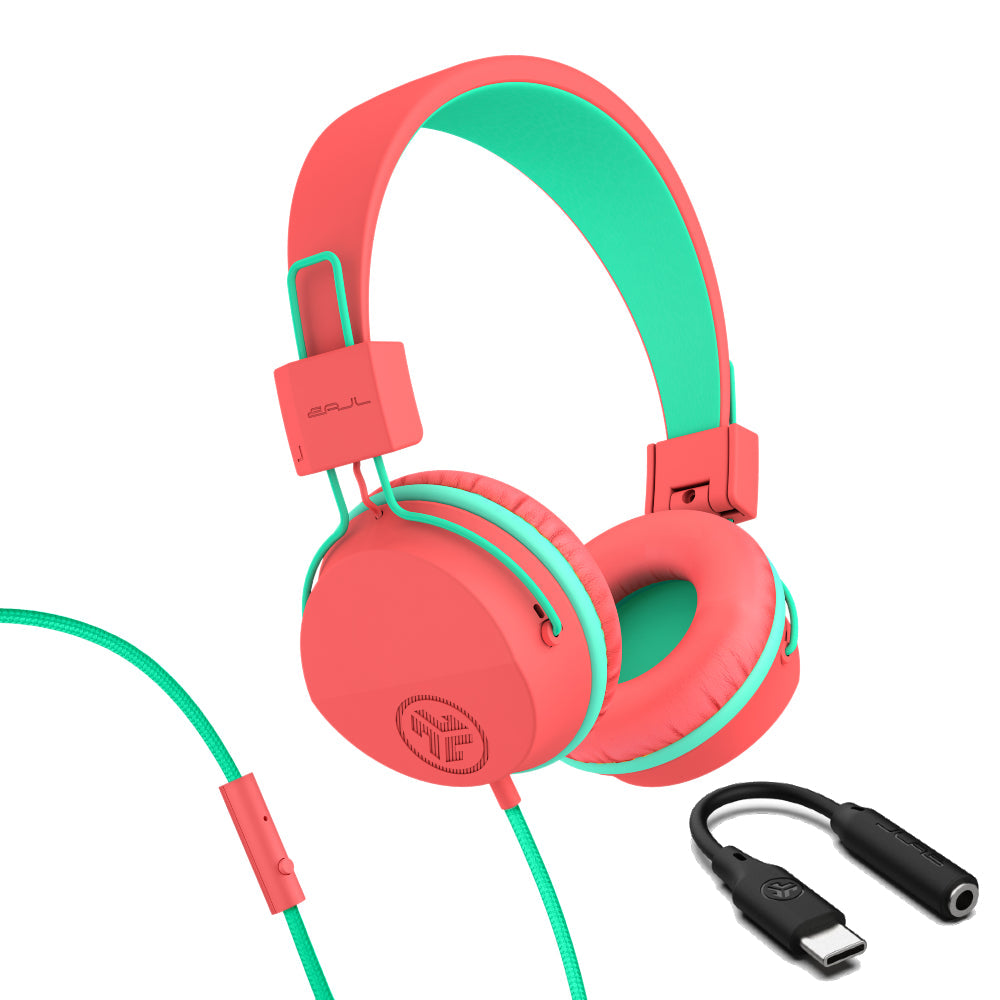JBuddies Studio On-Ear Kids Wired Type-C Headphones Blue/Gray - Peach/Mint